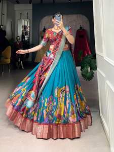 Lehenga choli สีฟ้าสดใสสำหรับงานเลี้ยงเจ้าสาวงานปาร์ตี้สาวๆพิมพ์ลายคาลามารีแบบดั้งเดิมของผู้หญิง - Product Image 4