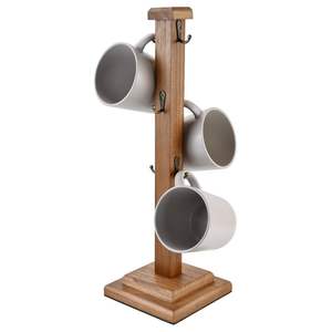 Wooden Holder Stand Coffee Cup Mug Tree Rack Countertop Kitchen <b>Storage</b> Organizer Display Hanging 6 Hook Wood Base Tabletop - Product Image 6