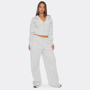 100% coton gris chiné femmes cordon taille 2 pièces survêtement ensemble sweat à capuche et pantalons de survêtement pleine longueur 2 pièces femmes survêtement ensemble - Product Image 3