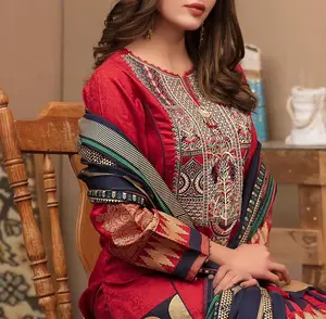 Designer Paty Wear Dames Gazon 3-delig Gazon Salwar Kameez Indian Pakistani Vrouwen Gestikte En Ongestikte Gazonpakken