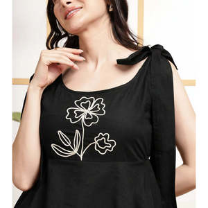 Deebaco Women's Black Cotton Sleeveless A-Line Mini <b>Dress</b> With Floral Embroidery Square Neck <b>Loose</b> Fit Casual Summer Wear - Product Image 2