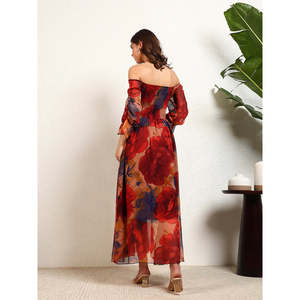 Deebaco Women's Floral Chiffon Off-The-Shoulder A-Line Maxi <b>Dress</b> With Flutter Sleeves Boho Style Summer Casual <b>Dress</b> - Product Image 4