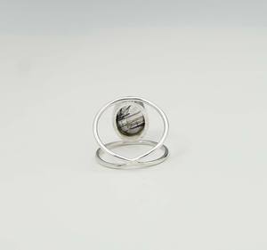 925 plata esterlina sólida abril mes piedra natal rutilo negro con ajuste de bisel forma ovalada anillo de doble banda de piedras preciosas - Product Image 3