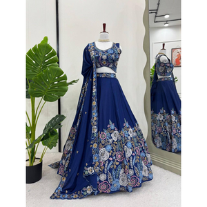 Superventas Nevy Blue diseñador indio tradicional Chinon bordado de seda Lehenga Choli Dupatta sin arrugas para fiestas de verano - Product Image 1