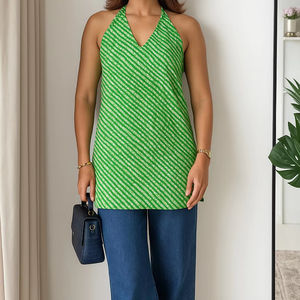 Fashionable 100% Cotton Ethnic Short Kurti Printed <b>Halter</b> <b>Neck</b> Design with Back Elastic & Side Slits for Comfort Summer Style - Product Image 1