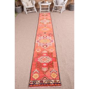 Vintage Herki <b>Runner</b> Rug 1.8x12.1 ft (55x370 cm), Turkish <b>Red</b> Moroccan Rug - Product Image 1