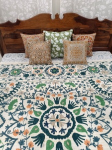 100% coton vert émeraude paon jeter couvre-lit couverture de Table main Aari brodé Kantha cousu feuille de couleur vive - Product Image 2
