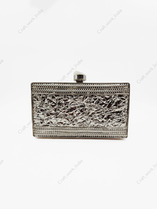 Handcrafted <b>Silver</b> Metal <b>Clutch</b> with Crushed Texture Frame and Crystal Shell Inlay Luxury Statement Evening Party <b>clutch</b> handbag - Product Image 4