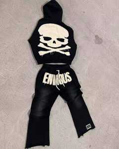 100% algodón de alta calidad francés Terry bordado pantalones de chándal y Sudadera con capucha Jogger Set Zip up Acid Wash Sun Faded chándal para hombres - Product Image 3