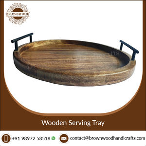 Stylish Burnt Natural Finished Round Handmade Mango Wood Serving Tray with Metal Handles for Kitchen Use and Home Decor Display - Product Image 4