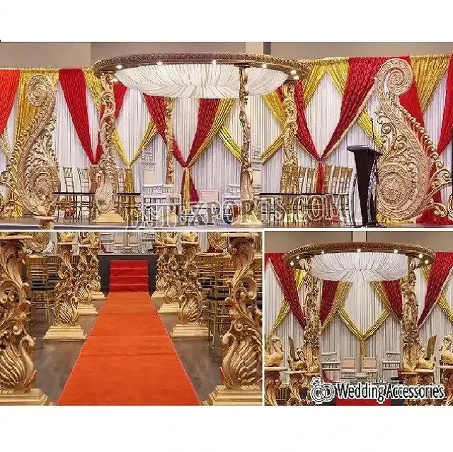 힌두교 결혼식 황금 공작 디자인 Mandap 남부 인도 결혼식 섬유 Mayur Mandap 영감 둥근 모양 인도 결혼식 Mandap