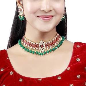 Ensemble de collier choker Kundan CZ inspiré de Sabyasachi, collier victorien, bijoux en émeraude verte, collier AD, bijoux indiens avec ensemble de boucles d'oreilles - Product Image 3