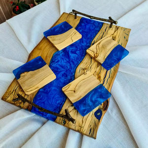 Handmade Decorative Luxury Artisan Blue Epoxy Resin River Wood Serving Tray Set Branch Handles Coasters Charcuterie Dish Platter - Product Image 1