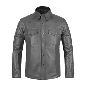 OEM Wholesale Best Genuine Premium High Quality Of Fashion Sheepskin Gray Leather Shirt Jacket Best Leather Shirts For Sale