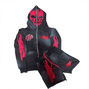 Conjunto de Sudadera con Capucha y Pantalones Cortos de Algodón 100% Transpirable con Cremallera, Estilo Streetwear, Efecto Desgastado por el Sol y Lavado Ácido, Personalizado, para Invierno - Product Image 5