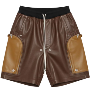 Shorts cargo en cuir véritable pour homme, deux tons, avec taille élastique et poches utilitaires à fermeture éclair, style streetwear - Product Image 1