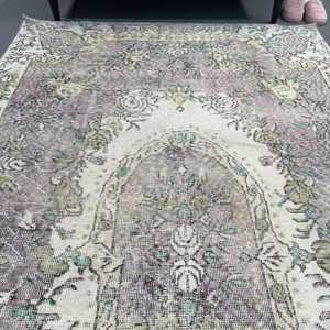 Grand tapis turc, tapis vintage 4,9x8,8 pieds, tapis en laine à bordures grises - Product Image 4