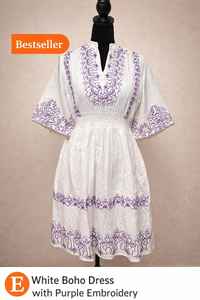 <b>Women</b> White Boho Maxi <b>Dress</b> <b>Purple</b> Embroidery V Neck Loose Waist Sweet Solid 100% Cotton - Product Image 5