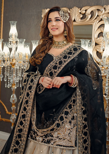 Handcrafted <b>Black</b> Pure Raw Silk Lehnga Ivory Net 4 Sided Borders Crisp Dupatta Organza Crystal <b>Shower</b> Top Floral Vines Indian - Product Image 4