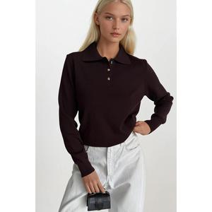 เสื้อโปโลคอปกสีทอง แต่งกระดุม ผ้าถัก - สีน้ำตาล - สีน้ำตาล - Product Image 5