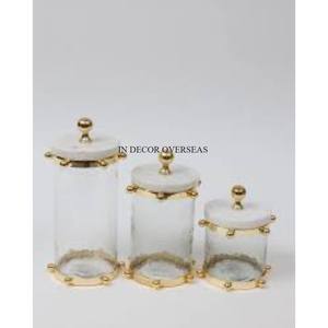 Recipiente con forma de cilindro de vidrio transparente de primera calidad con diseño único de metal chapado en oro y tapa superior de mármol blanco al precio más bajo - Product Image 2