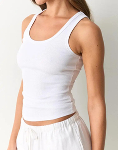 Custom Womens <b>White</b> Ribbed <b>Tank</b> <b>Top</b> High Elasticity Breathable Sleeveless Scoop Neck Fitted Summer Base Layer Camisole - Product Image 3