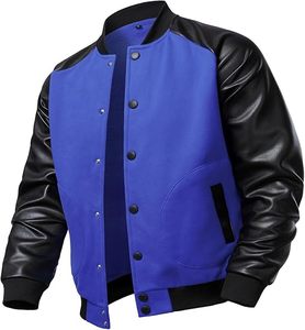 Veste universitaire classique pour adulte, bleu marine avec manches en cuir noir, bordure contrastée, col rond, vêtement d'automne - Product Image 6