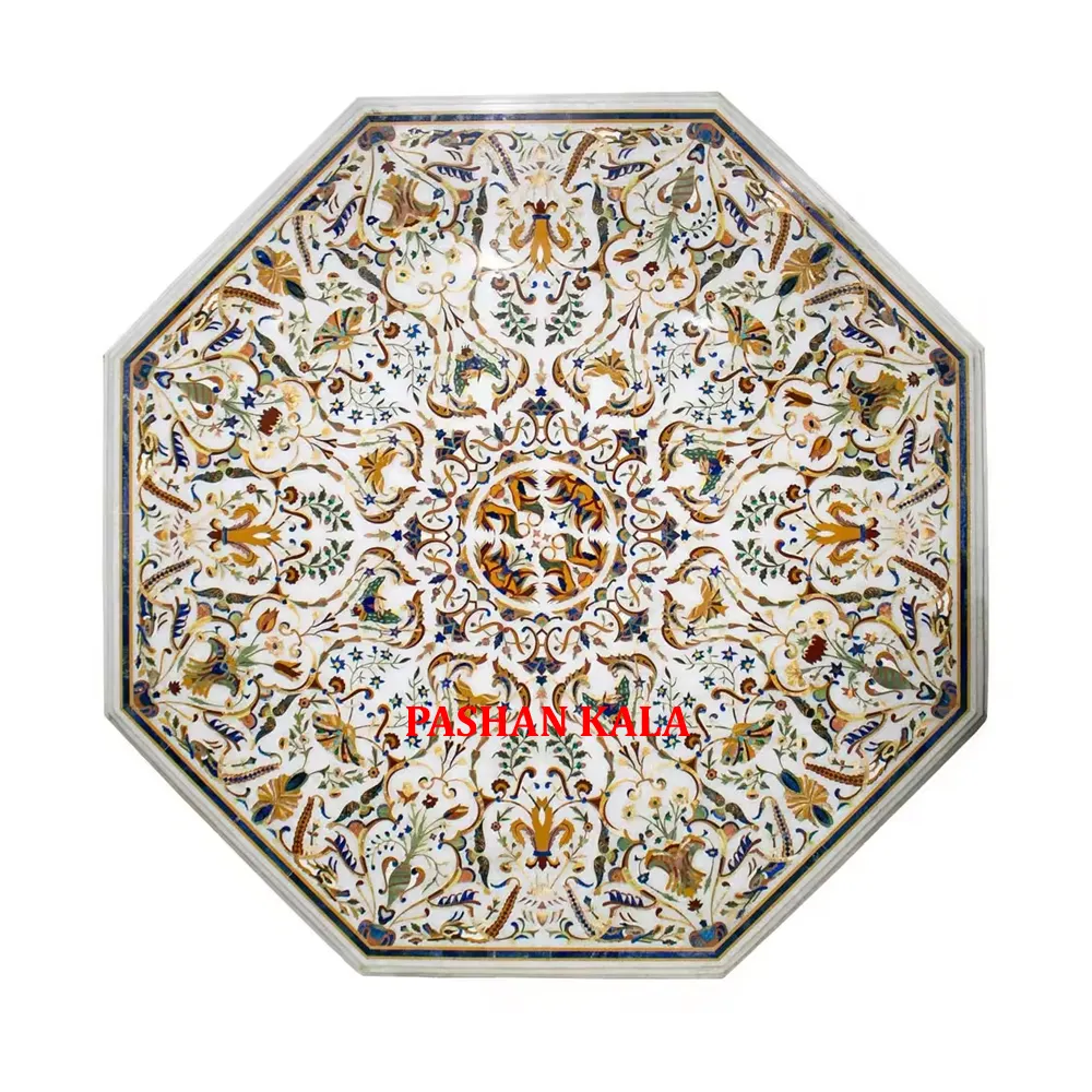 Very Exclusive And Handmade Inlay Design Antique White Marble Handcrafted Marble Dining Table Top For Home Use In Low Price
