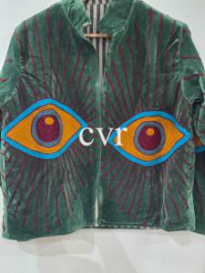 Manteau Bohème en Velours Vert avec Yeux Brodés, Col Mandarin, Manches Trois-Quarts, Vêtement d'Automne pour Adultes - Product Image 4