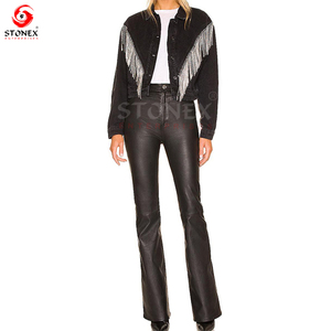 2023 moda personalizada elegante negro manga larga corta algodón Denim mujer chaqueta XL tamaño impreso tela decorada perlas-venta al por mayor - Product Image 6