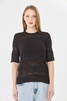 Blusa de punto con encaje y estampado de rosas para mujer - Top suave de manga corta con cuello redondo y botón trasero - Prenda de punto floral de verano