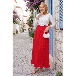 Red Polka Dot Ruffled Midi <b>Skirt</b> <b>Elastic</b> Waist Soft Breathable Chiffon and Cotton with Digital and Embroidered Techniques - Product Image 1