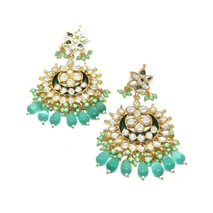 Pendientes de Araña Chapados en Oro con Piedra Monalisa Verde Claro Meenakari, Pendientes Colgantes de Oro de 18K para Bodas con Ágata Principal - Product Image 1