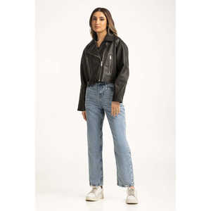 Chaqueta Blazer de Cuero PU para Mujer, Personalizable, Estilo Motero, Manga Larga, Cuello Camisero, Color Liso, Otoño-Primavera - Product Image 2