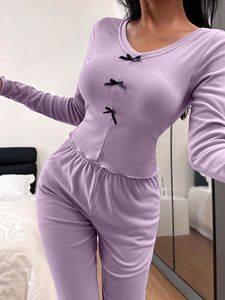 طقم ملابس نوم نسائي أنيق لشتاء 2026 من القطيفة مع ربطة عنق، ضيق ومثير بأكمام طويلة وبنطلون، ملابس منزلية من قطعتين مقاس S-2XL - Product Image 3