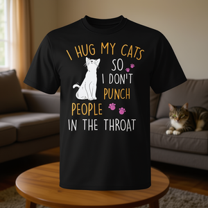T-shirt promotionnel amusant pour les amoureux des chats : « Hug Your Cat Punch People in the Throat » - Product Image 3