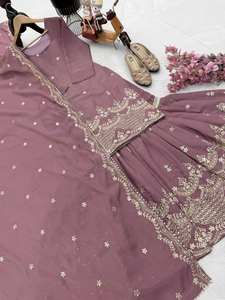 Último diseñador pesado bordado hilo trabajo Faux Georgette Dupatta indio pakistaní Palazzo traje hecho de seda para fiestas - Product Image 3