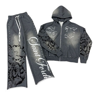 เสื้อฮู้ดดี้ผู้ชายลายมุกด้านหน้าแบบซีดจาง สไตล์สตรีทแวร์ ทรงหลวมแบบ Heavy Baggy พร้อมกางเกงจ็อกเกอร์ผ้าฝ้าย ชุดสเวตสูทผู้ชาย - Product Image 1