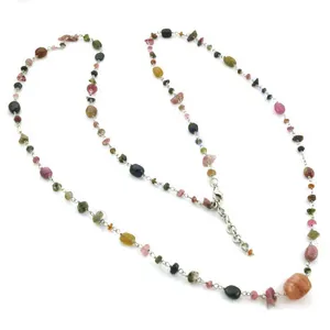 Collier long bohème pour femme en argent plaqué 925 multicolore avec perles de pierres naturelles et cristaux - Product Image 2
