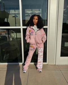 New Street Wear Parche personalizado Bordado Lavado Recortado Gran tamaño Desgastado Zip up Hoodie Set Joggers Mujer - Product Image 1