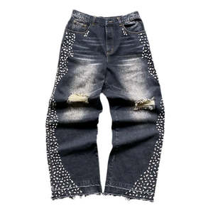 Jeans vintage streetwear pour homme, taille haute, design personnalisé avec pierres précieuses, denim délavé, style hip-hop - Product Image 1