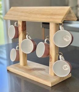 Support à tasses en bois en forme de maison, porte-tasses à café, support de comptoir, rangement de cuisine, support d'affichage en bois naturel, base à double poteau - Product Image 1