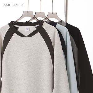 Sweat-shirt décontracté pour homme automne-hiver, 400 grammes, poids lourd, style rétro américain, bloc de couleur, manches raglan, coupe décontractée, col en V - Product Image 4