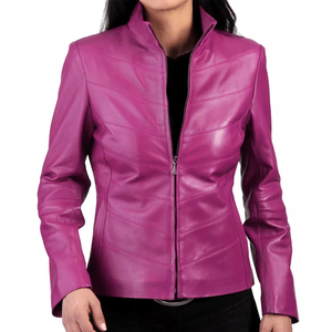 Chaqueta de cuero genuino de piel de cordero rosa de motociclista elegante para mujer - Product Image 1