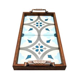 Plateau moderne en bois de noyer pouf avec poignées plateau de service pour la décoration de salon idée cadeau pour la maison - Product Image 2
