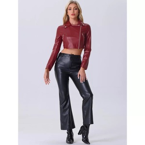 Women's Faux Leather Long Sleeve Zipper Up Moto Cropped <b>Jacket</b> Faux Leather Crop Stand Collar Zipper Front Moto Biker <b>Jackets</b> - Product Image 3