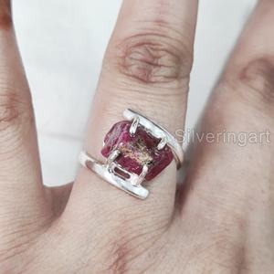 Anillo de Plata de Ley 925 con Gema de Rubí Natural en Bruto, Piedra de Nacimiento de Julio, con Engaste de Puntas Cruzadas, Joyería de Piedra Natural para Mujer - Product Image 2