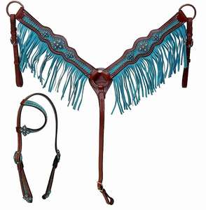 Conjunto de cuello de pecho y cabeza de cuero genuino recién diseñado de calidad superior con flecos de cuero de gamuza tallados a mano - Product Image 2