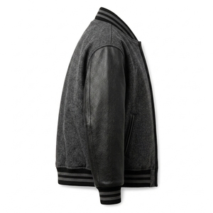 แจ็คเก็ตหนังสีดำแบบกำหนดเอง แจ็คเก็ต Letterman แขนหนัง ตัวเสื้อทำจากผ้าขนสัตว์ แจ็คเก็ตสไตล์ Bomber แนวสตรีทแวร์ คอเสื้อถักแบบริบ ผู้ผลิต OEM ODM จากสหรัฐอเมริกา - Product Image 3