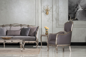 Luxury Royal Style Silver Painted Wood Armchair <b>with</b> Premium Grey Fabric Upholstery and Ornate Hand-Carvings - Product Image 3